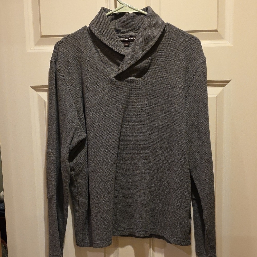 Michael Kors Pullover Mens XL Grey Good Shawl Collar Waffle Knit Elbow Patches